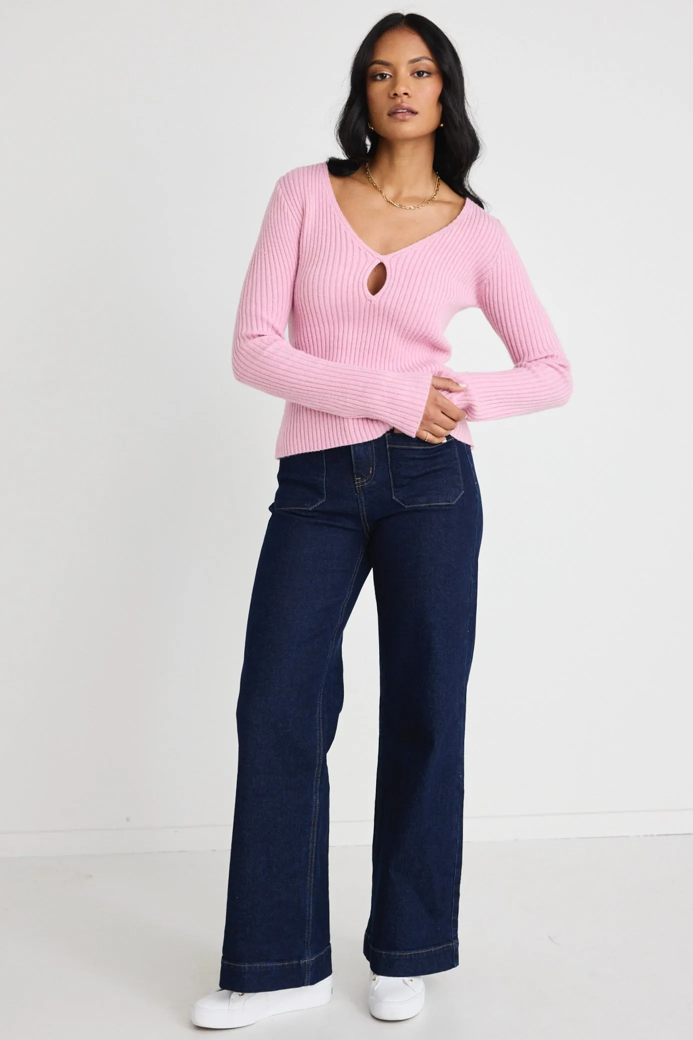 Apollo Candyfloss LS Rib Knit Split Front Top