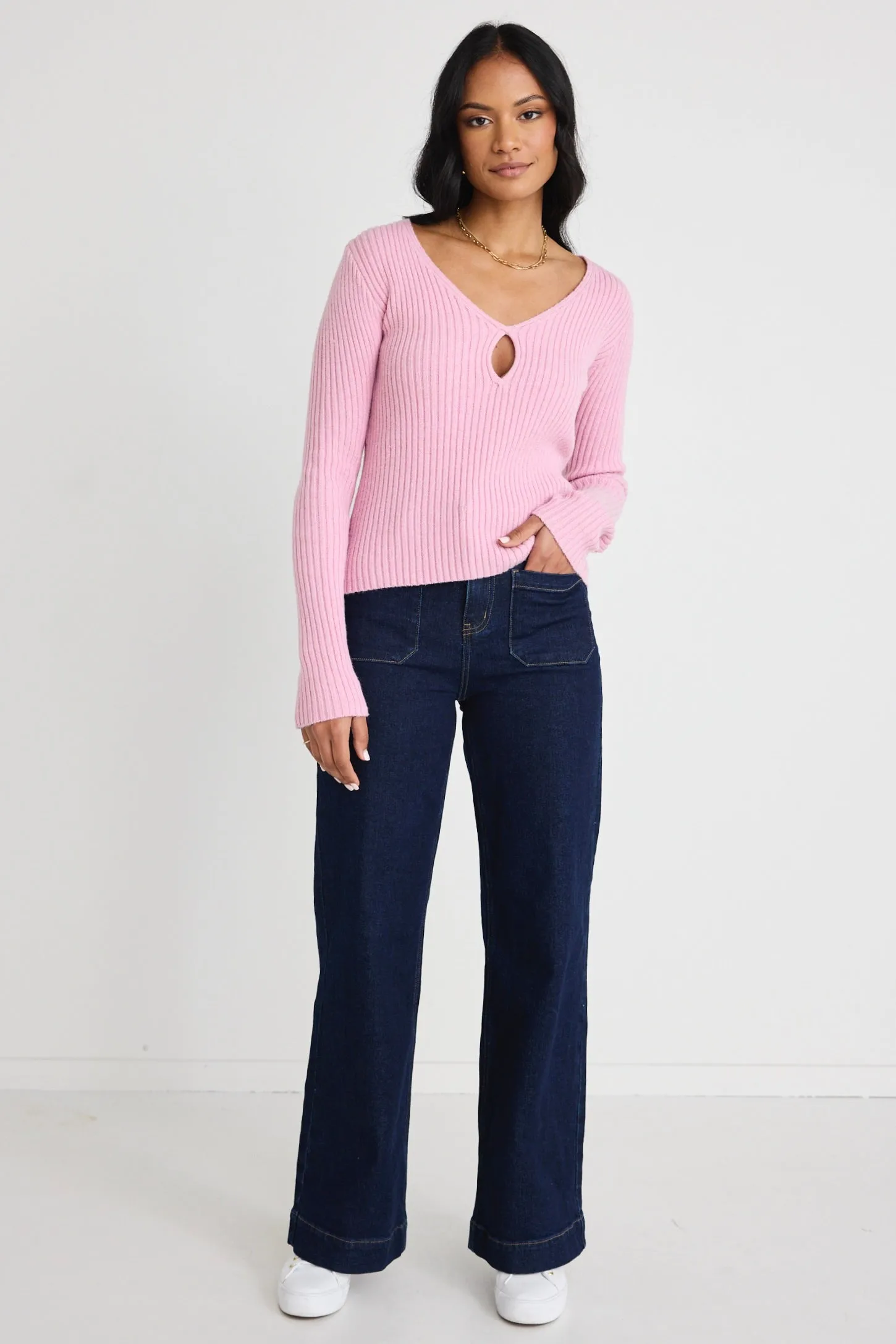 Apollo Candyfloss LS Rib Knit Split Front Top