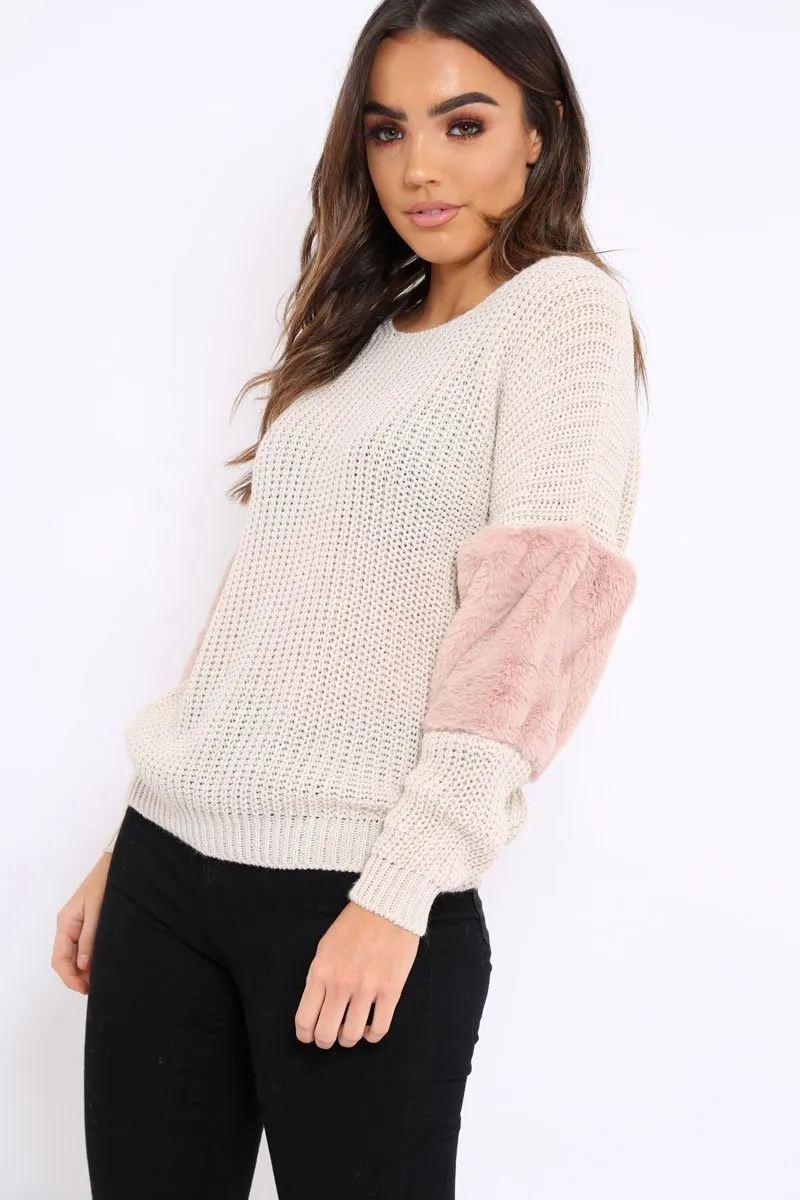 Beige Chunky Knit Jumper with Rose Fur Sleeve - Kimberly