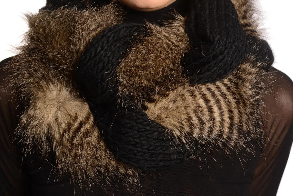 Black Knitted Plait Style Snood With Faux Fur