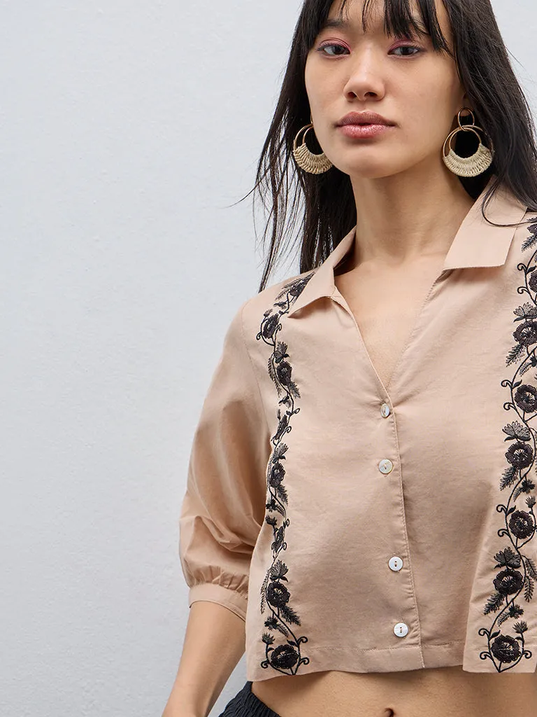 Bombay Paisley Beige Floral Embroidered Cotton Shirt