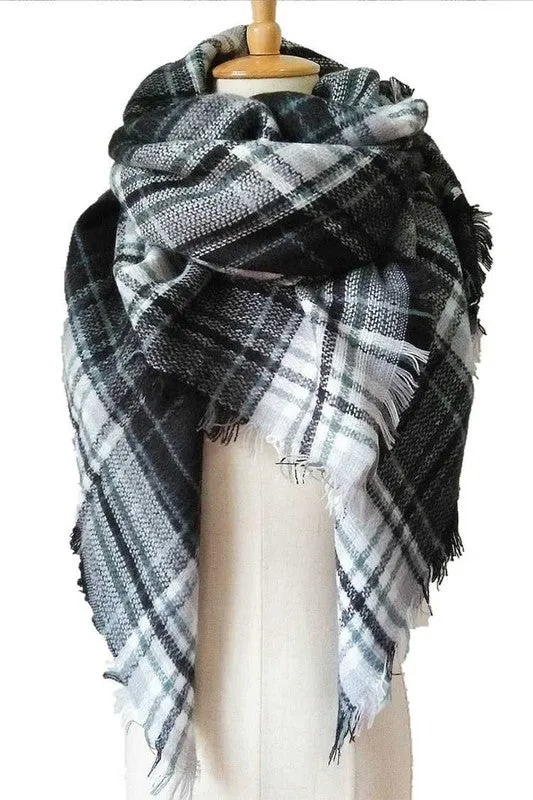 Classic Plaid Fringe Square Blanket Scarf