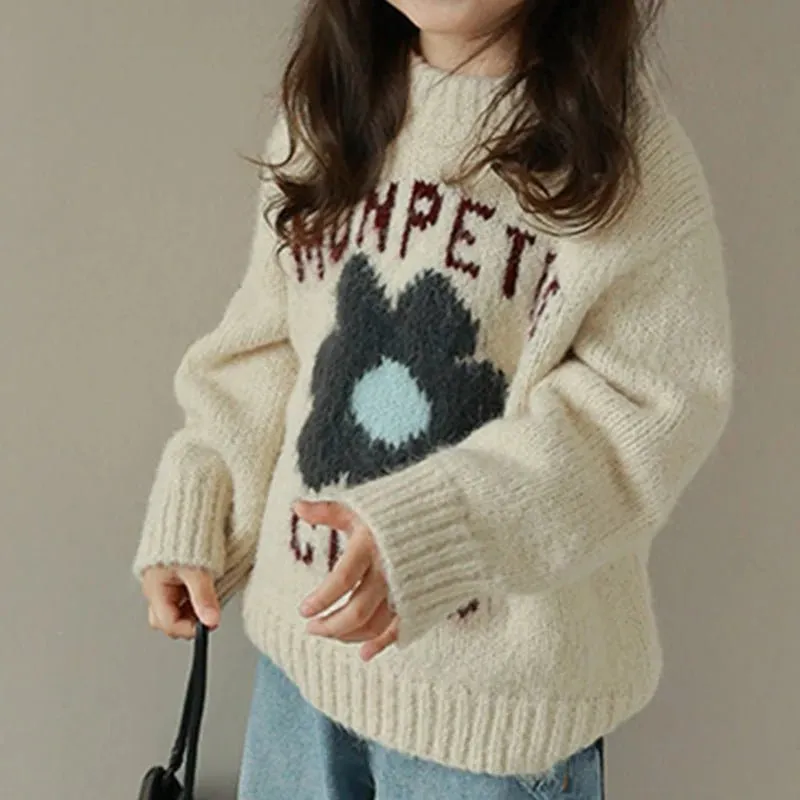 Cream Floral Knit Sweater for Kids