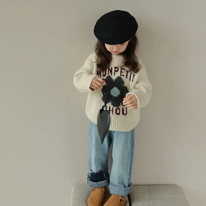 Cream Floral Knit Sweater for Kids