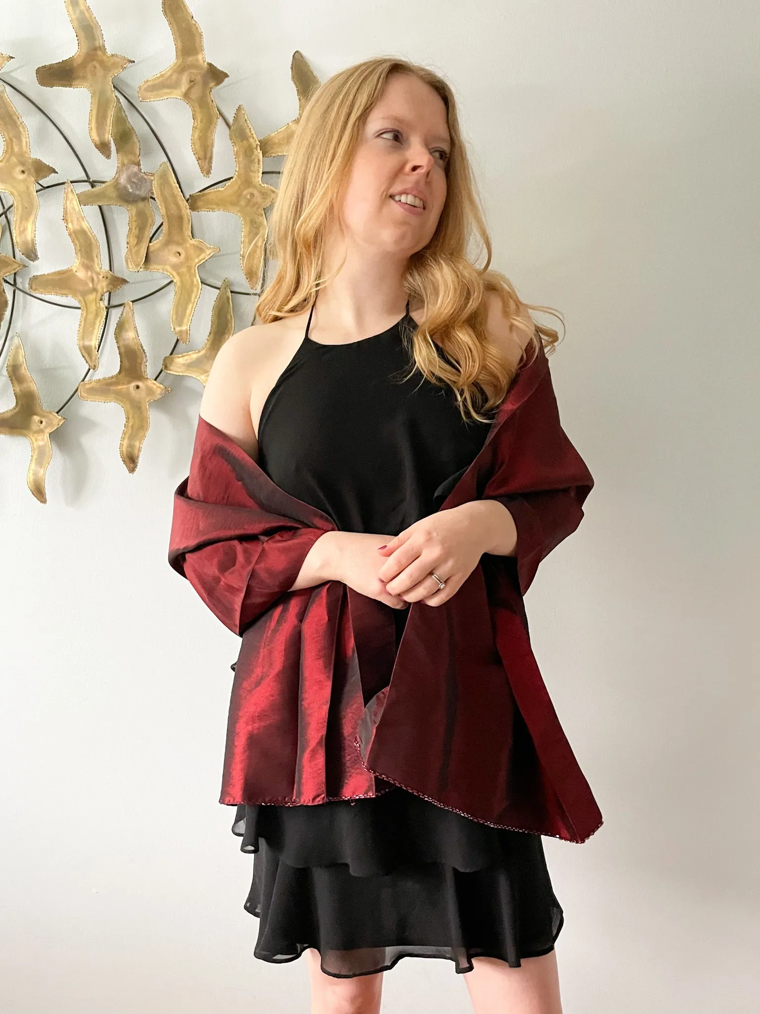 Dark Red Satin Beaded Trim Shawl