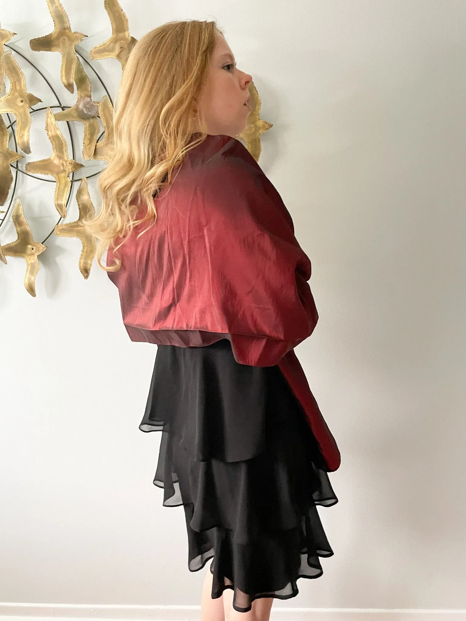 Dark Red Satin Beaded Trim Shawl