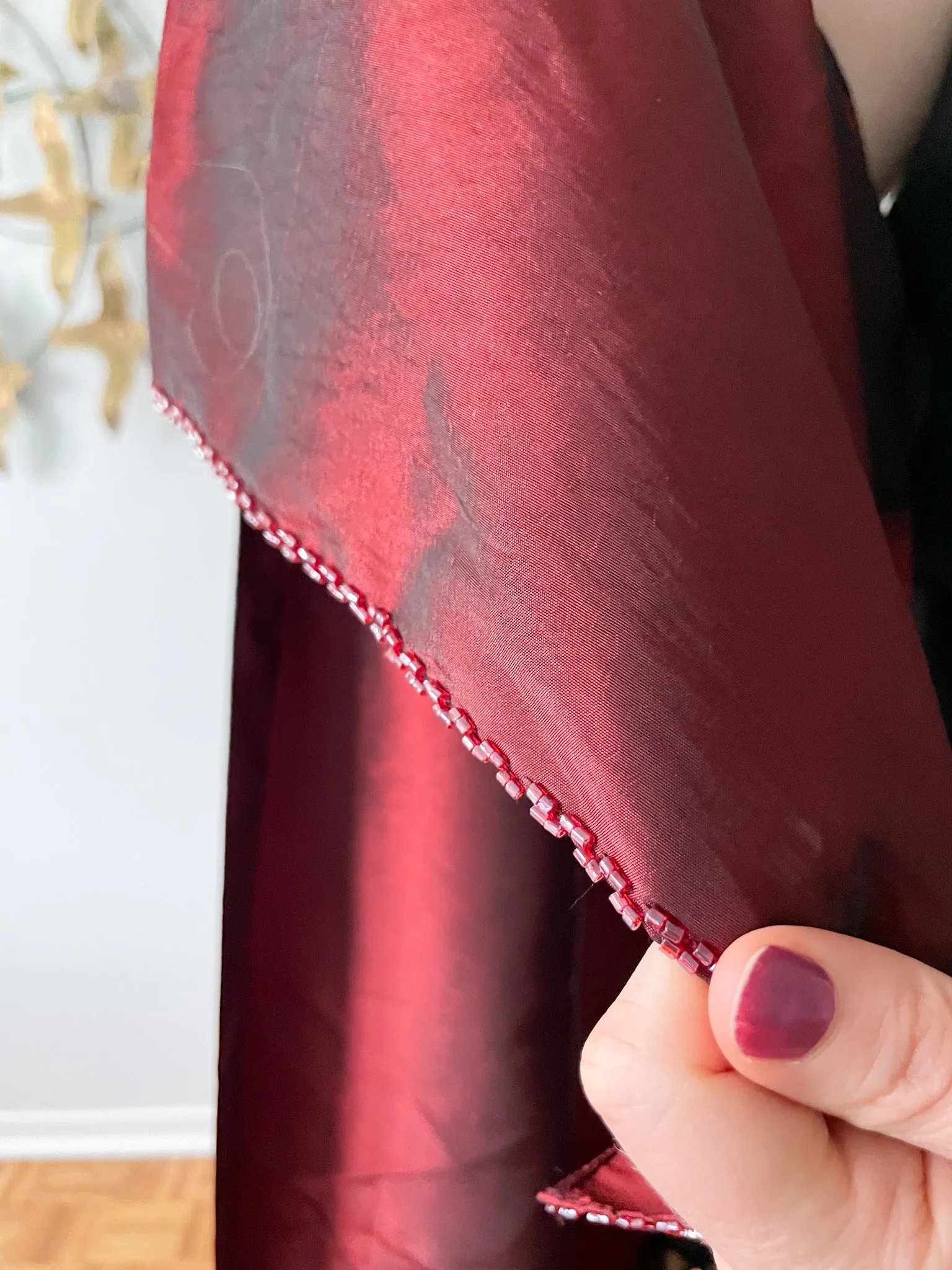 Dark Red Satin Beaded Trim Shawl