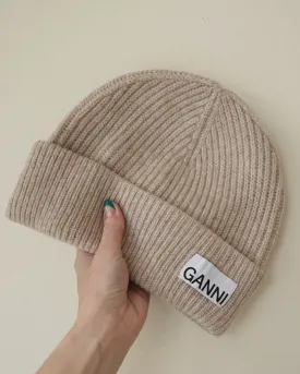 Ganni Wool Rib Knit Beanie, Sand