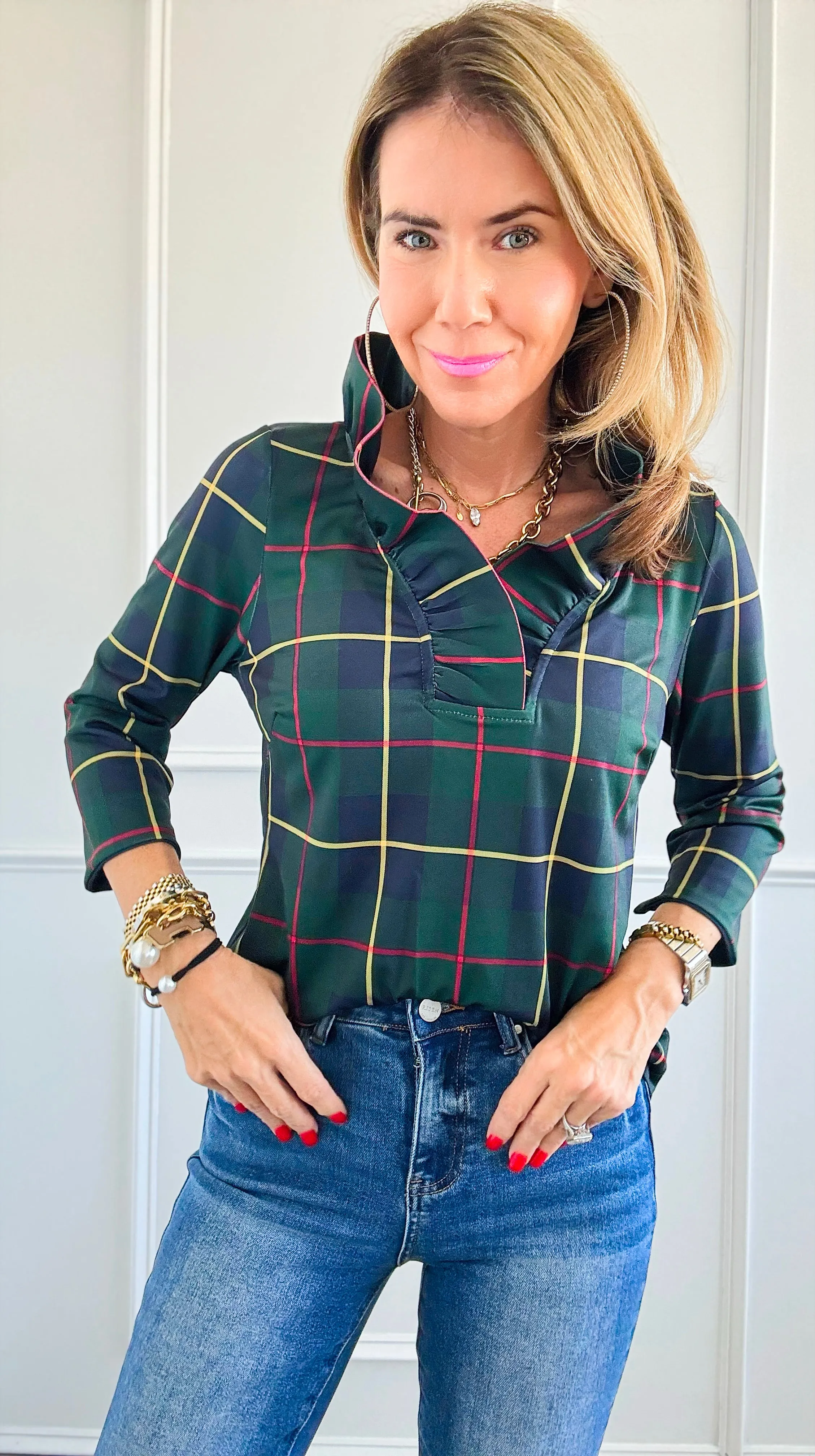 Glen Plaid Ruffle Collar Top