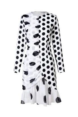 Irregular long sleeve polka dot chiffon dress