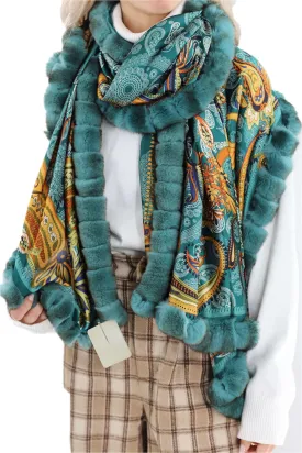 Oversized Paisley Print Wrap with Rex Rabbit Fur Trim - Green