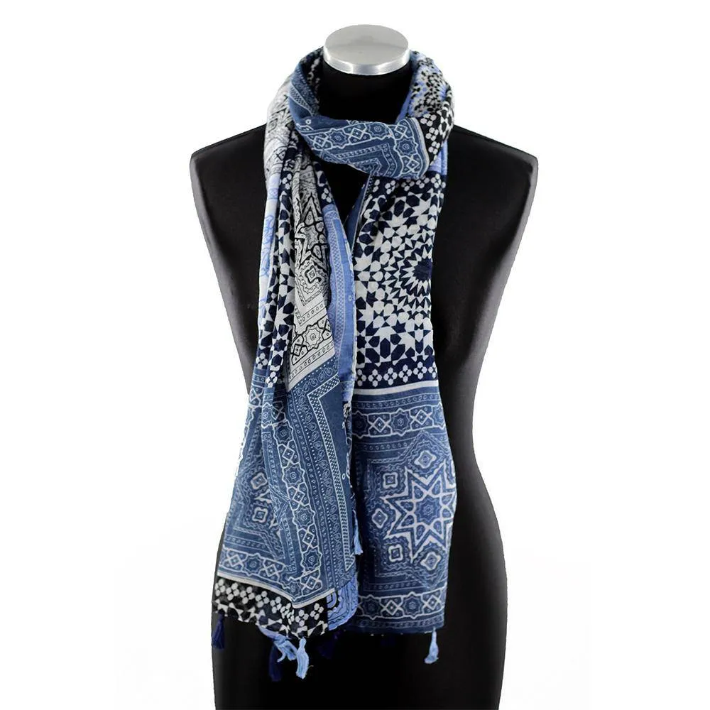 Paisley Print Scarf with Tassels - Blue