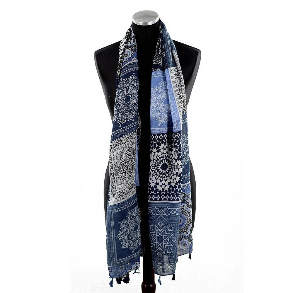 Paisley Print Scarf with Tassels - Blue