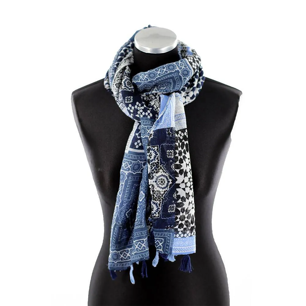 Paisley Print Scarf with Tassels - Blue