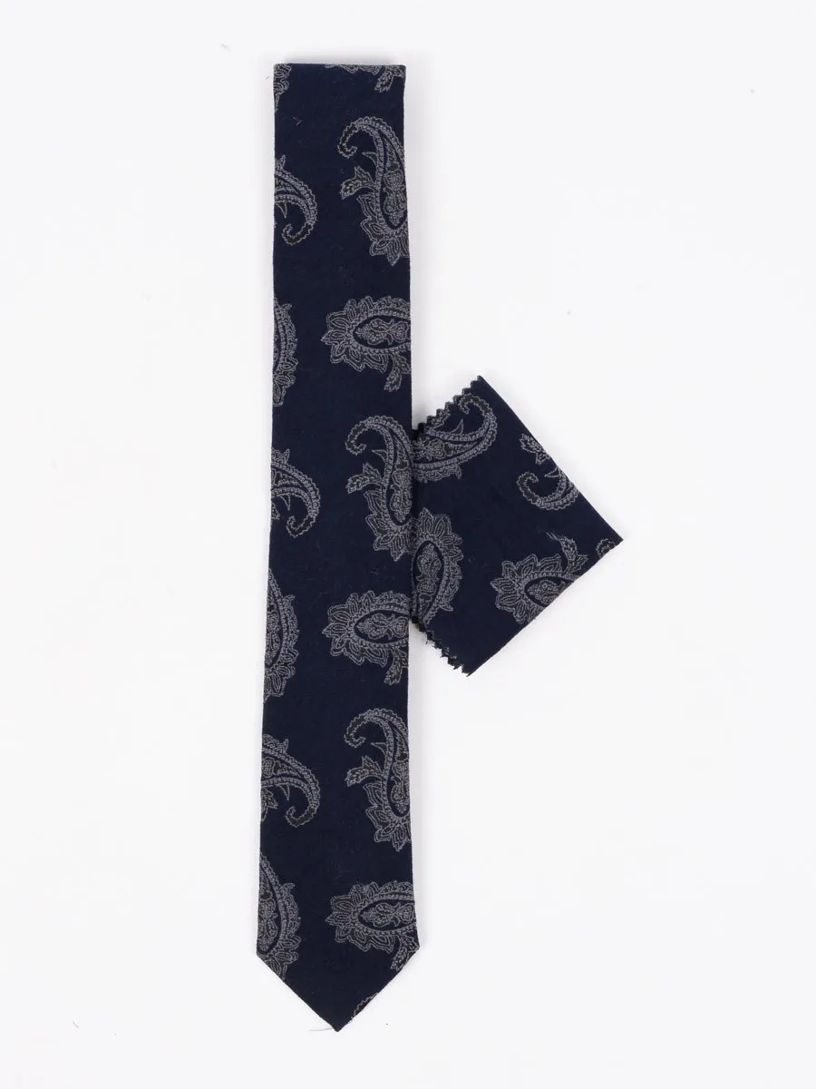 Peiro Butti Tie with Pocket Square Dark Navy Paisley Print PBTPS042